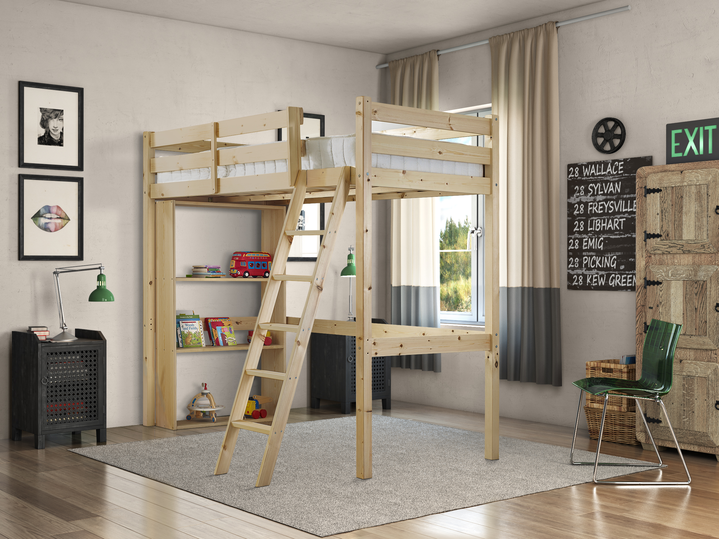 Celeste Heavy Duty High Sleeper Pine Bunk Bed with Bookcase