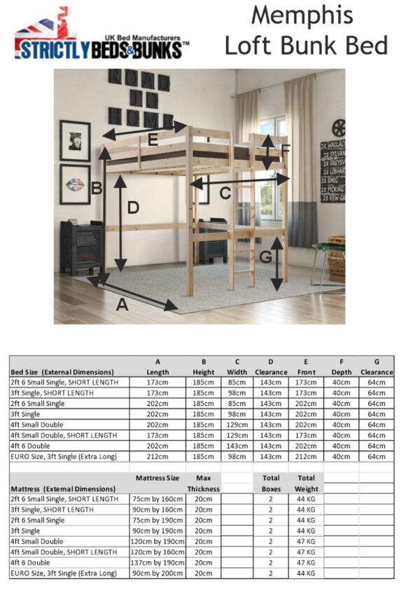 Memphis Loft Bunk Bed Product Dimensions